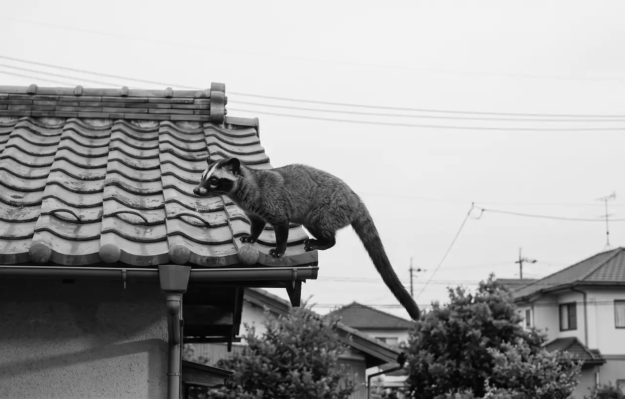 屋根の上を歩くハクビシン（生成画像）